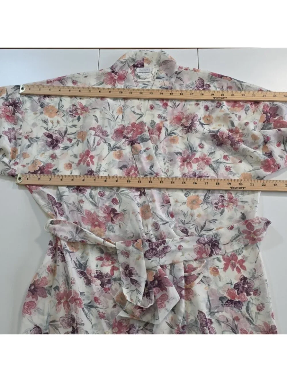 Vtg La Senza Short Kimono Robe S/M Sheer Chiffon Floral Watercolor Belt Coquette